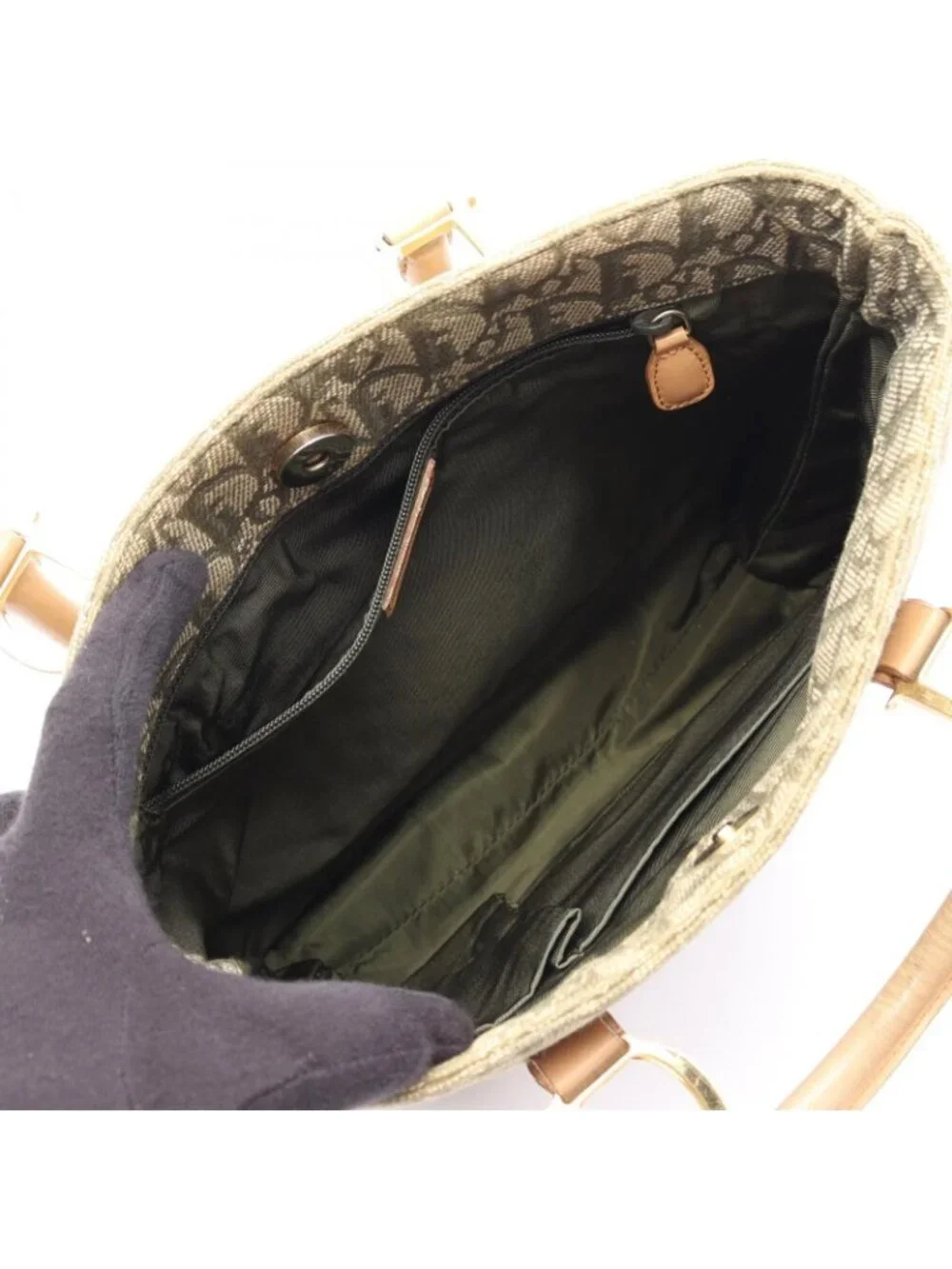 Dior Tote Trotter Green Beige Canvas Leather